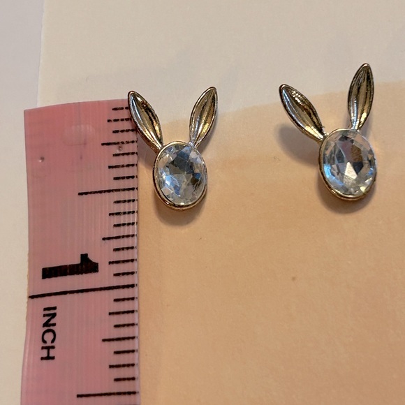 Silver crystal bunny head stud earrings - Picture 2 of 2